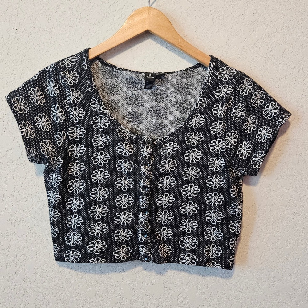 Volcom Womens Black White Daisy Floral Button Front Knit Crop Top Size Medium